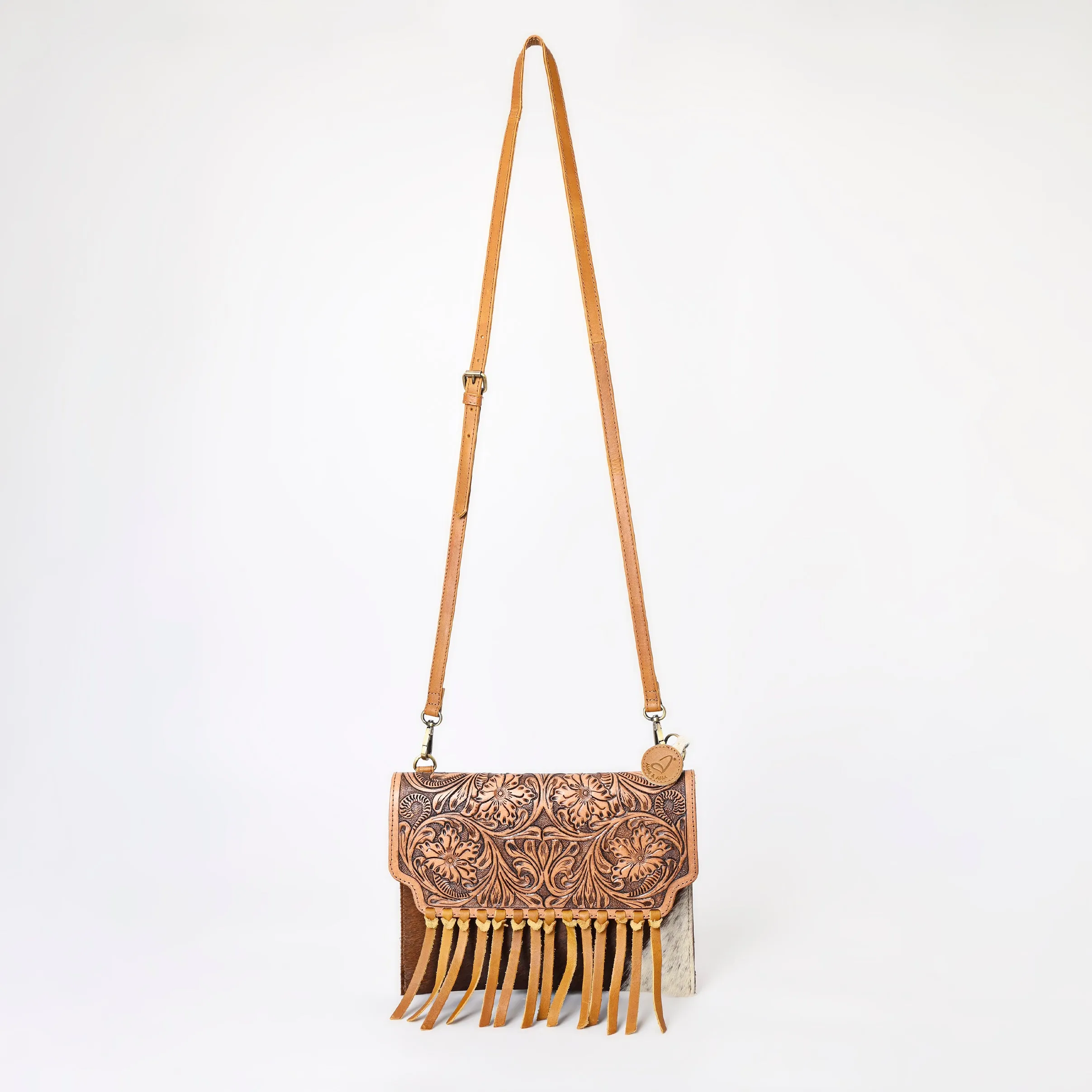 A&A-844A  Montana West Hand Tooled 100% Genuine Leather Hair On Cowhide  Fringe Crossbody