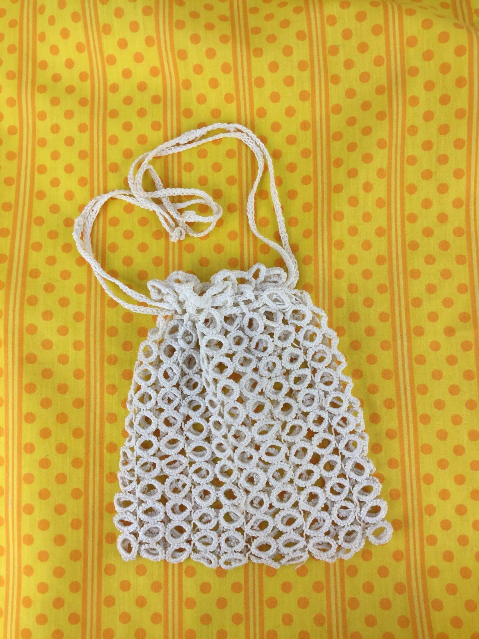 Antique Edwardian 1900s White Cotton Crochet Evening Bag/ Drawstring Pouch Purse