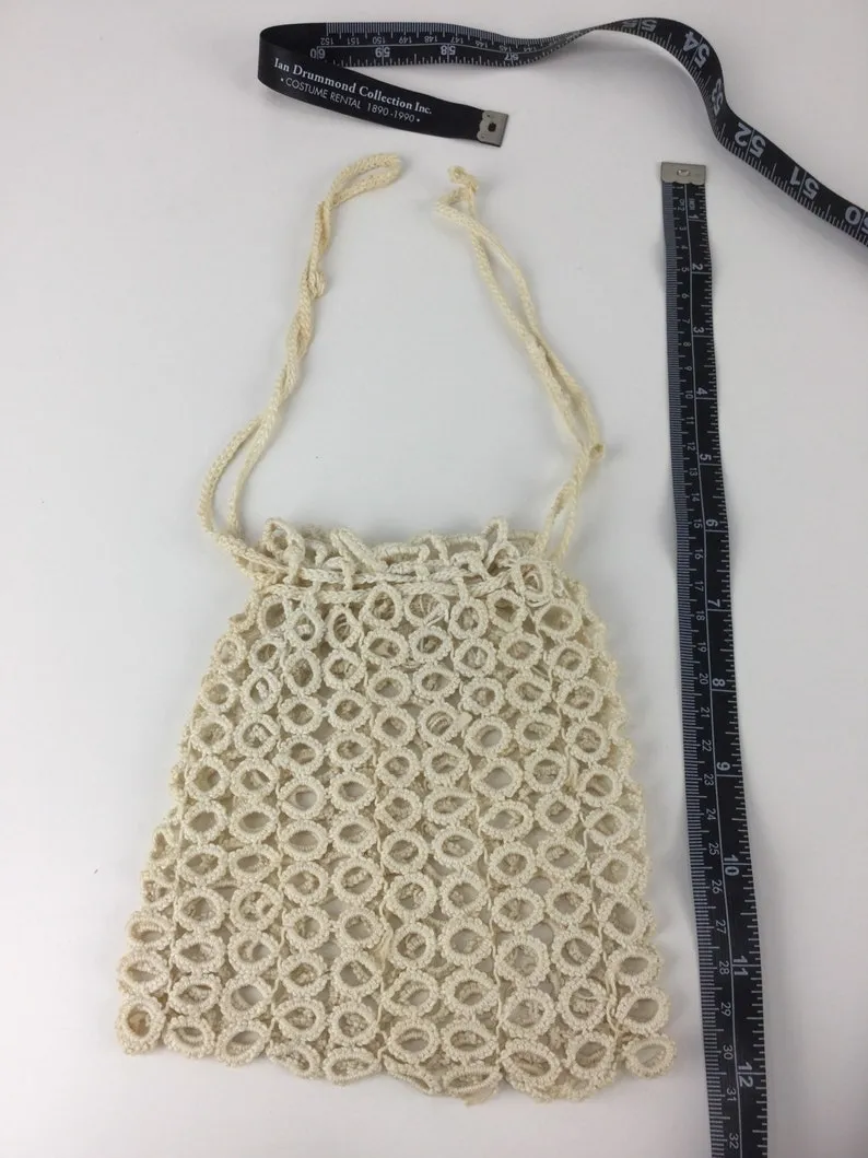 Antique Edwardian 1900s White Cotton Crochet Evening Bag/ Drawstring Pouch Purse