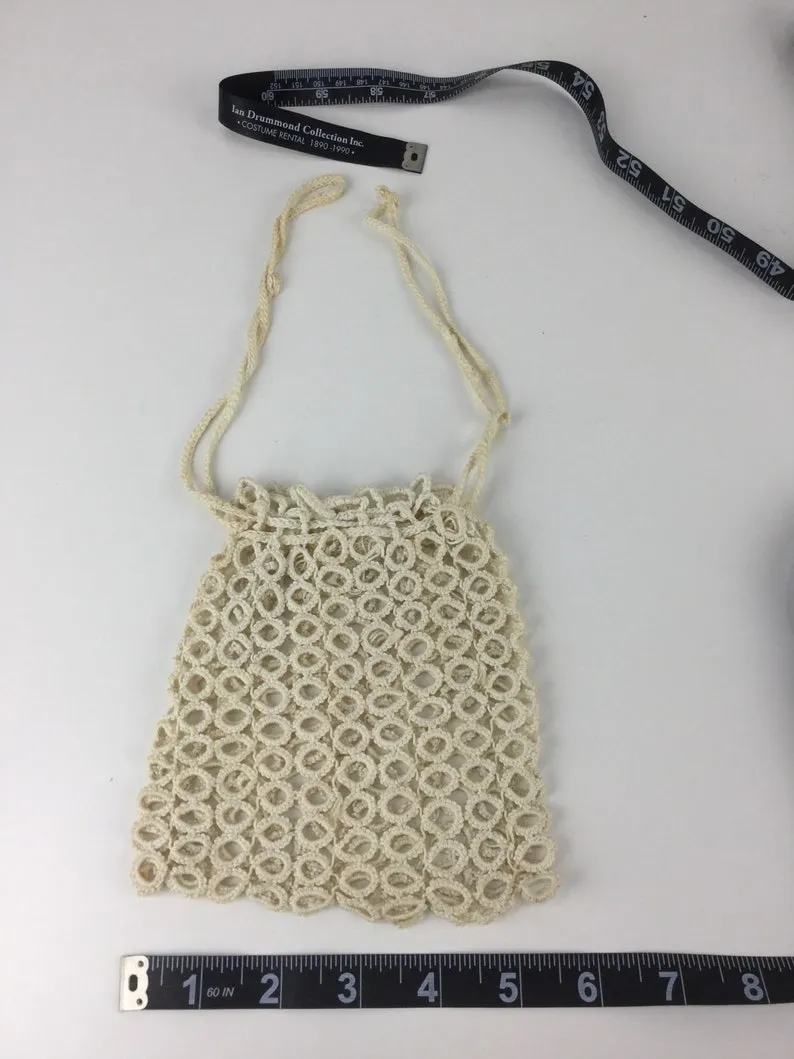 Antique Edwardian 1900s White Cotton Crochet Evening Bag/ Drawstring Pouch Purse