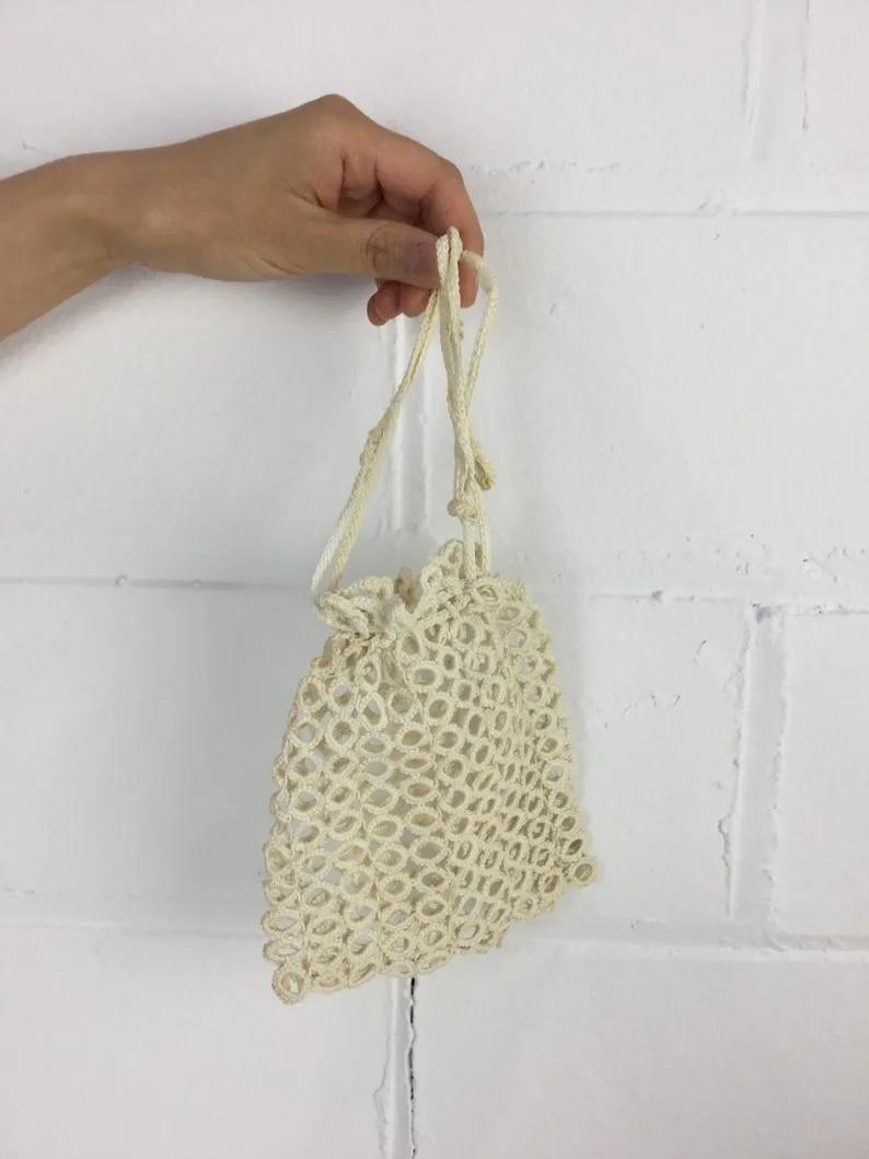 Antique Edwardian 1900s White Cotton Crochet Evening Bag/ Drawstring Pouch Purse