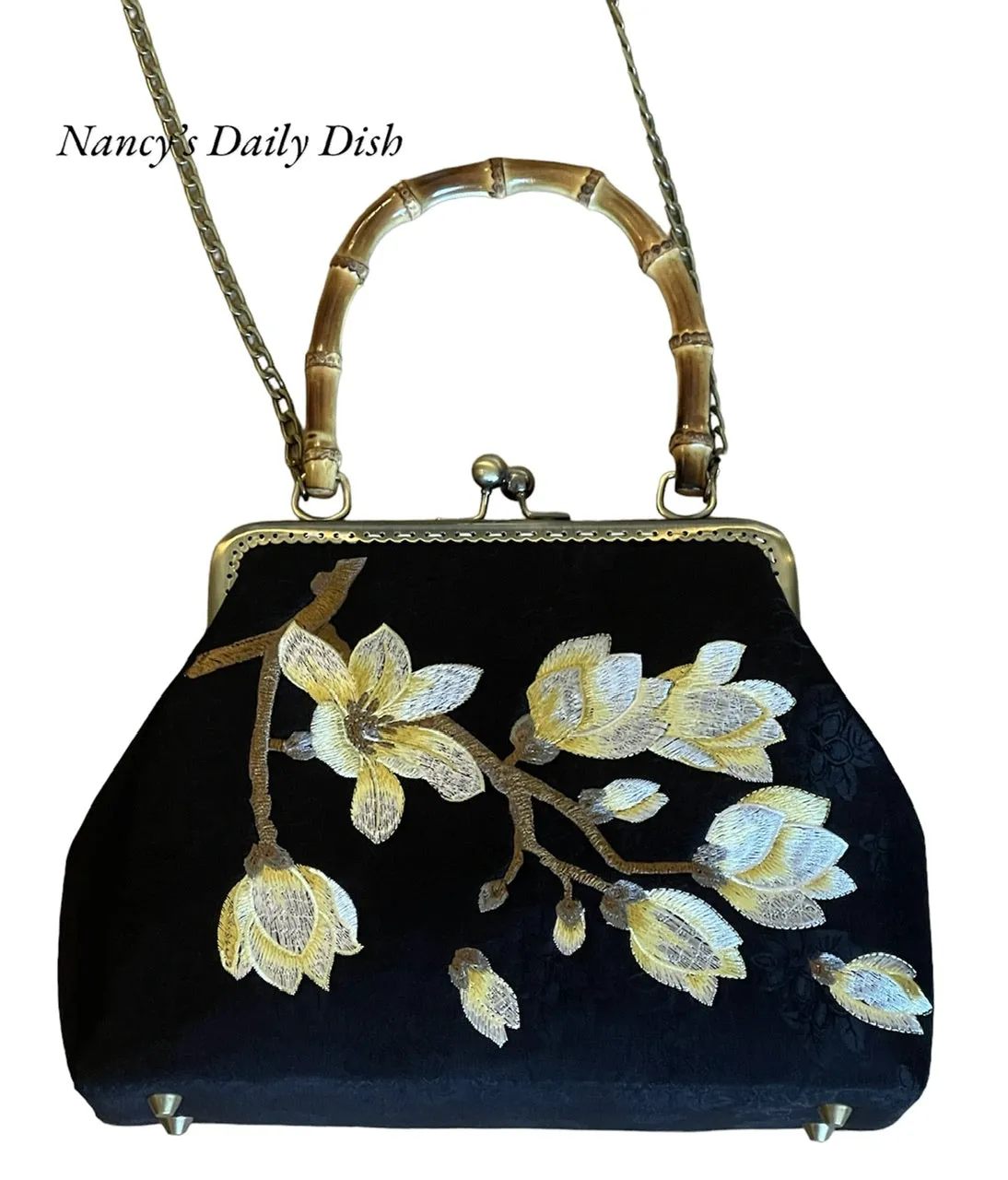 Bamboo Handle Embroidered Lotus Flowers on Black Jacquard Damask Clasp Purse Hand Bag