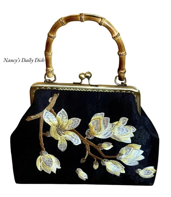 Bamboo Handle Embroidered Lotus Flowers on Black Jacquard Damask Clasp Purse Hand Bag