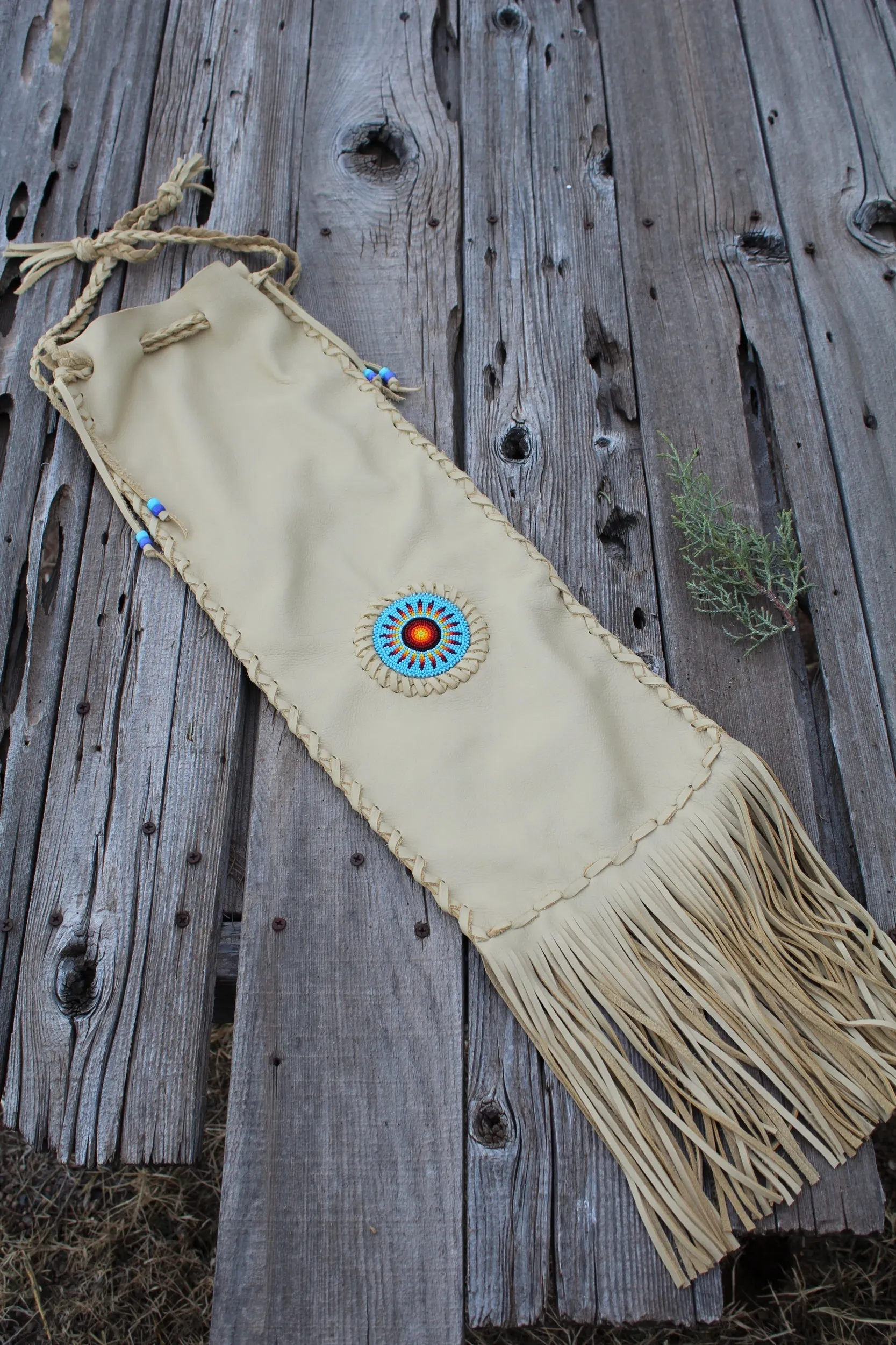 Beaded pipe bag, leather chanupa bag