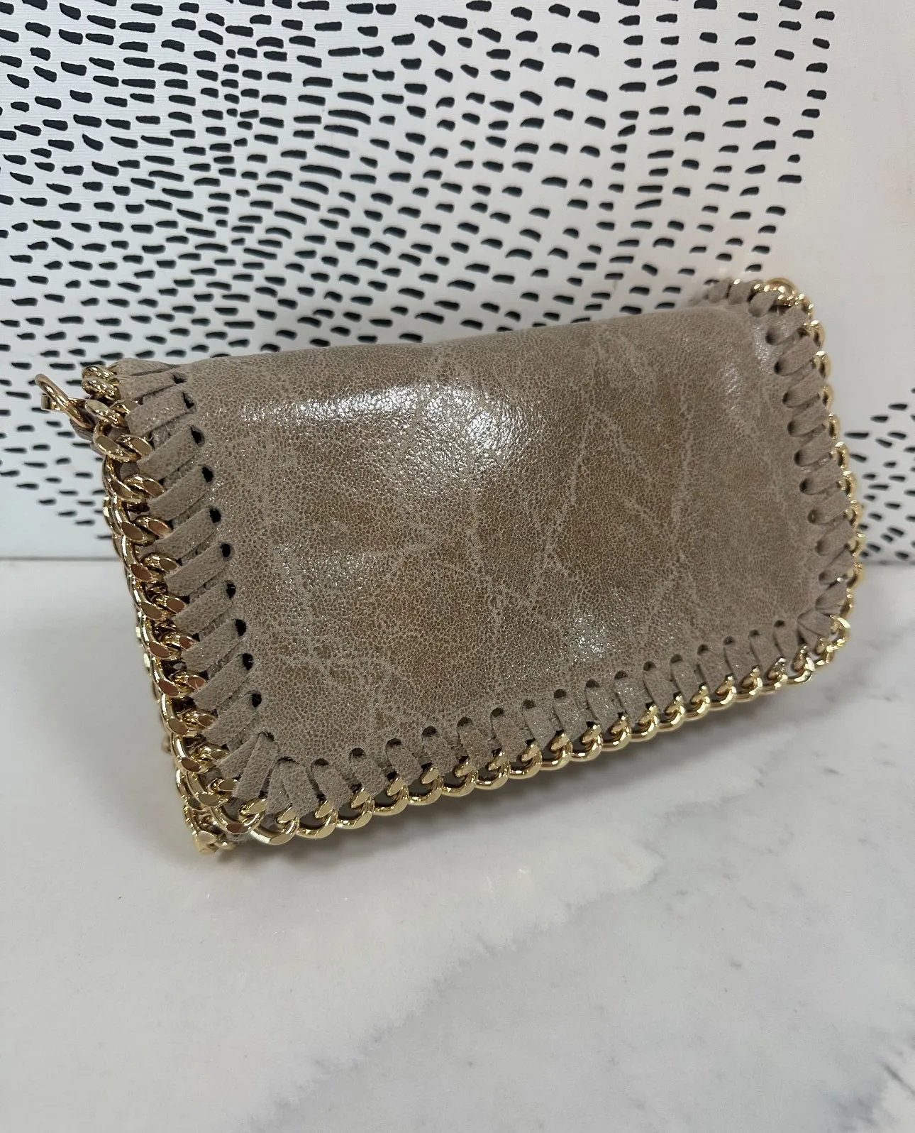 Beige Italian Leather Crossbody with Gold Chain