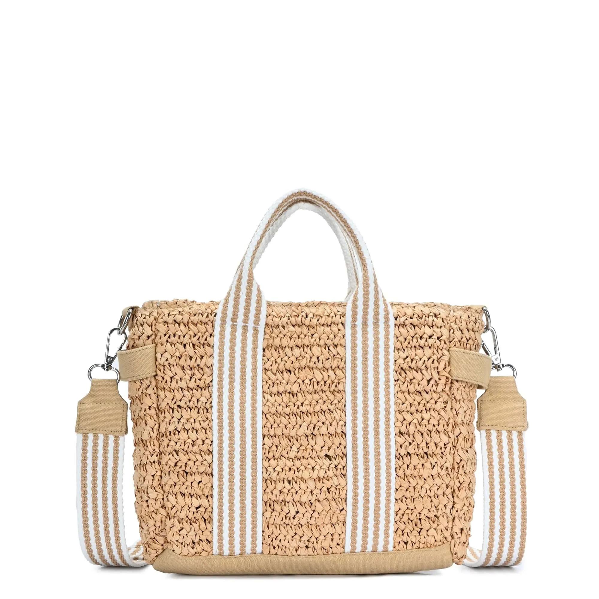 BGAIN247 Two Tone Striped Straw Tote/Crossbody With Guitar Strap