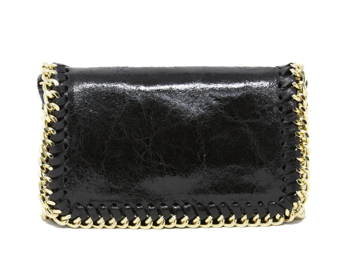 Black Croc Embossed Italian Leather Crossbody with Gold Chain