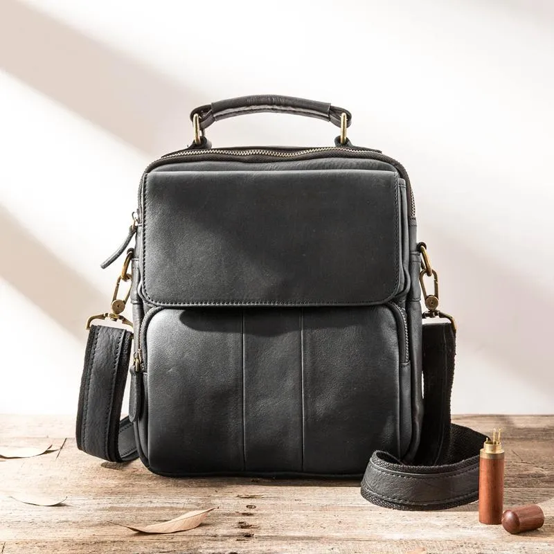 Black Leather Mens Vertical Small Briefcase Work Handbag Side Bag Business Shoulder Bag for Men