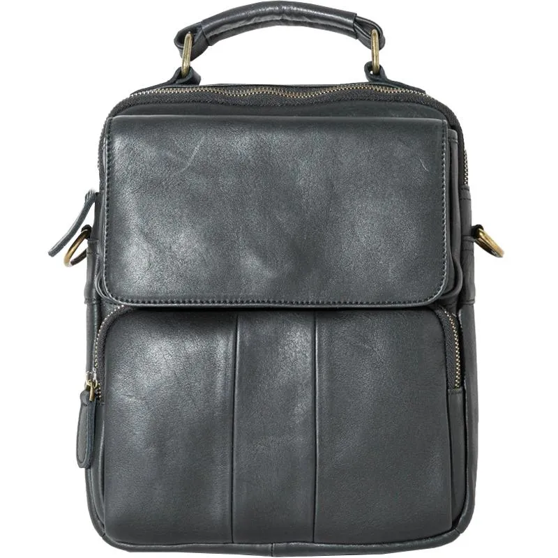 Black Leather Mens Vertical Small Briefcase Work Handbag Side Bag Business Shoulder Bag for Men