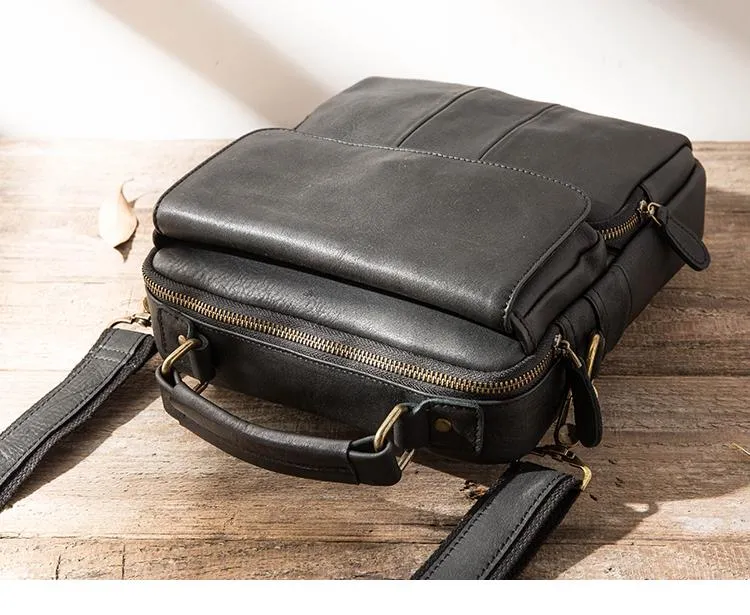 Black Leather Mens Vertical Small Briefcase Work Handbag Side Bag Business Shoulder Bag for Men