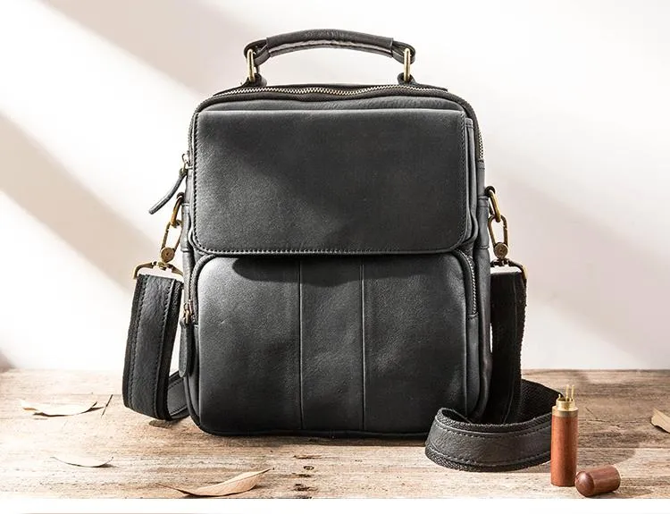 Black Leather Mens Vertical Small Briefcase Work Handbag Side Bag Business Shoulder Bag for Men