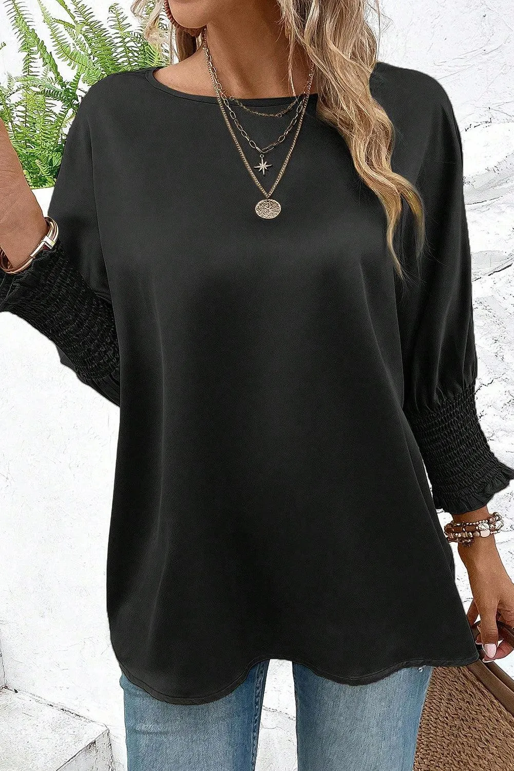 Black Shirred Dolman Sleeve Satin Blouse for Women