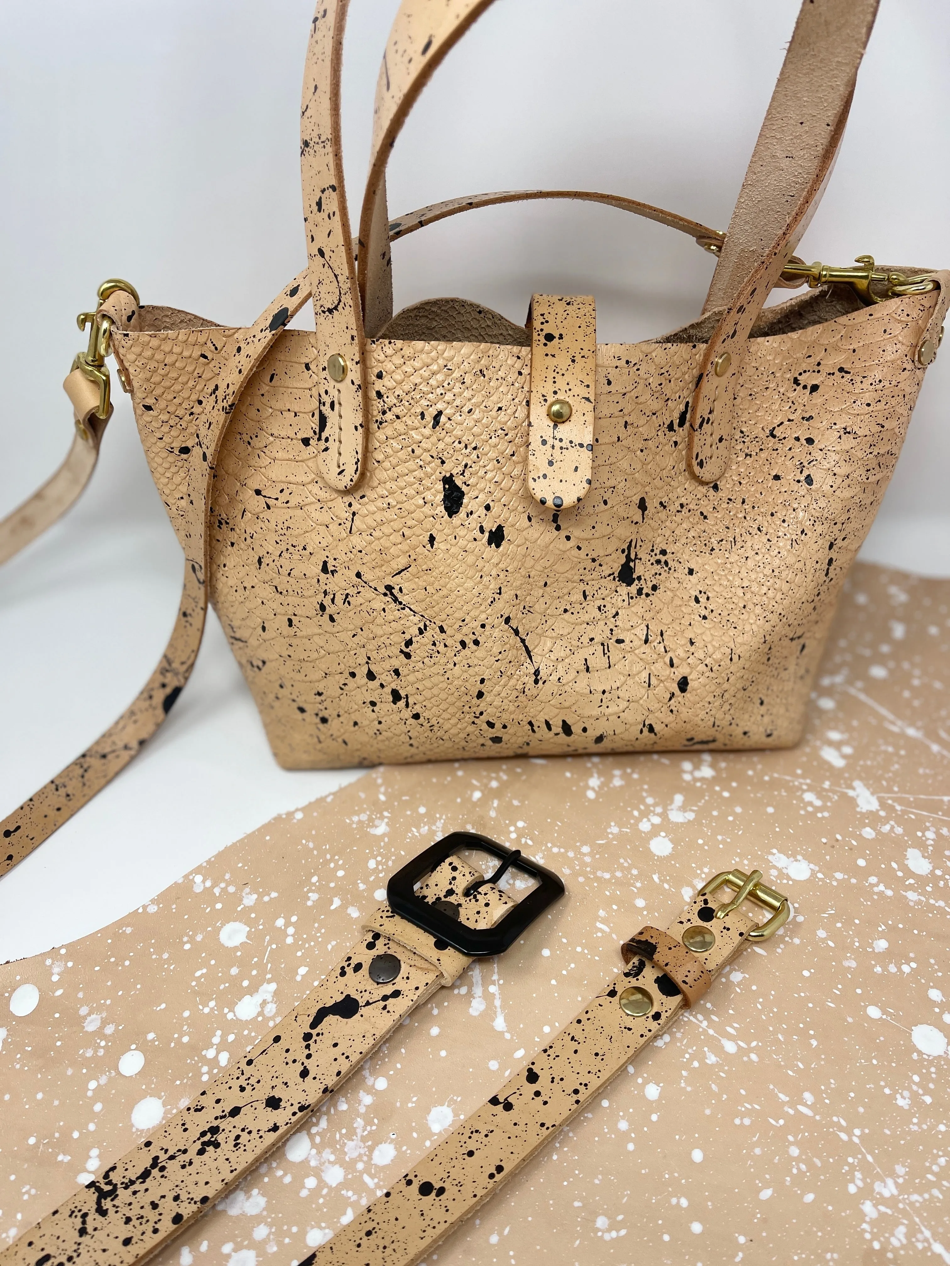 Black Splatter Veg Tan Leather Open Top Crossbody Tote