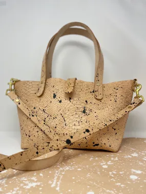 Black Splatter Veg Tan Leather Open Top Crossbody Tote