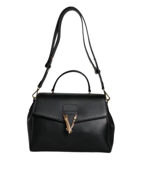 Black Top Handle Grainy Calfskin Leather Crossbody Bag