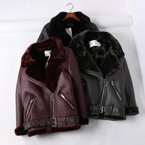 Black Vinous Motorcycle Leather Warm Velvet Jacket