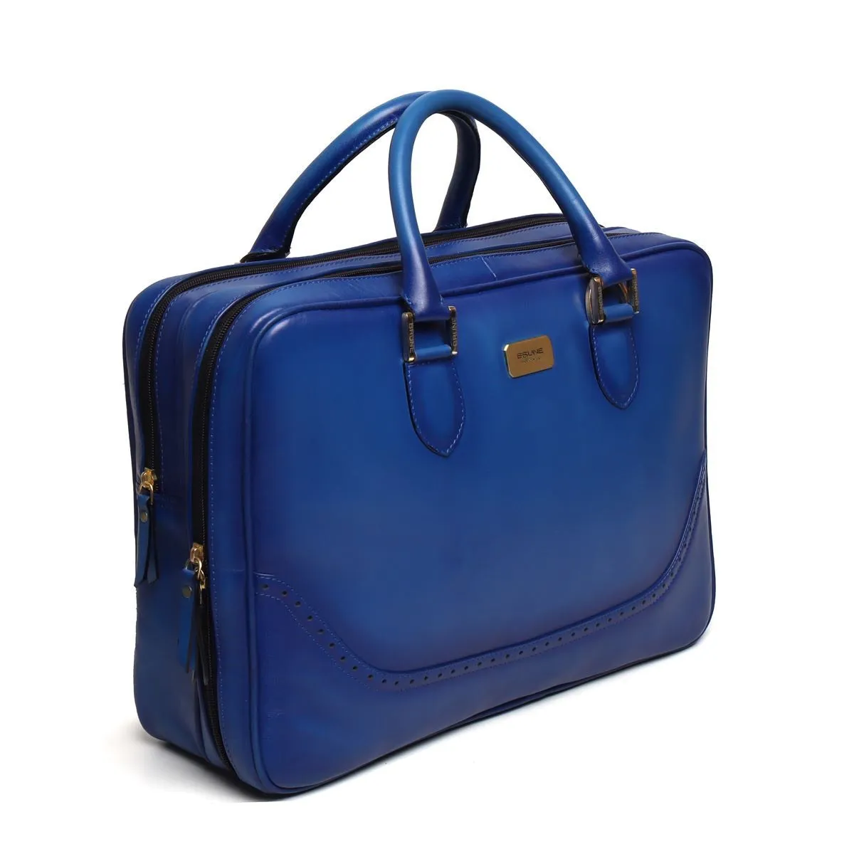 Blue Leather Laptop/Office Briefcase With Extra Compartment & Brogue Detailing