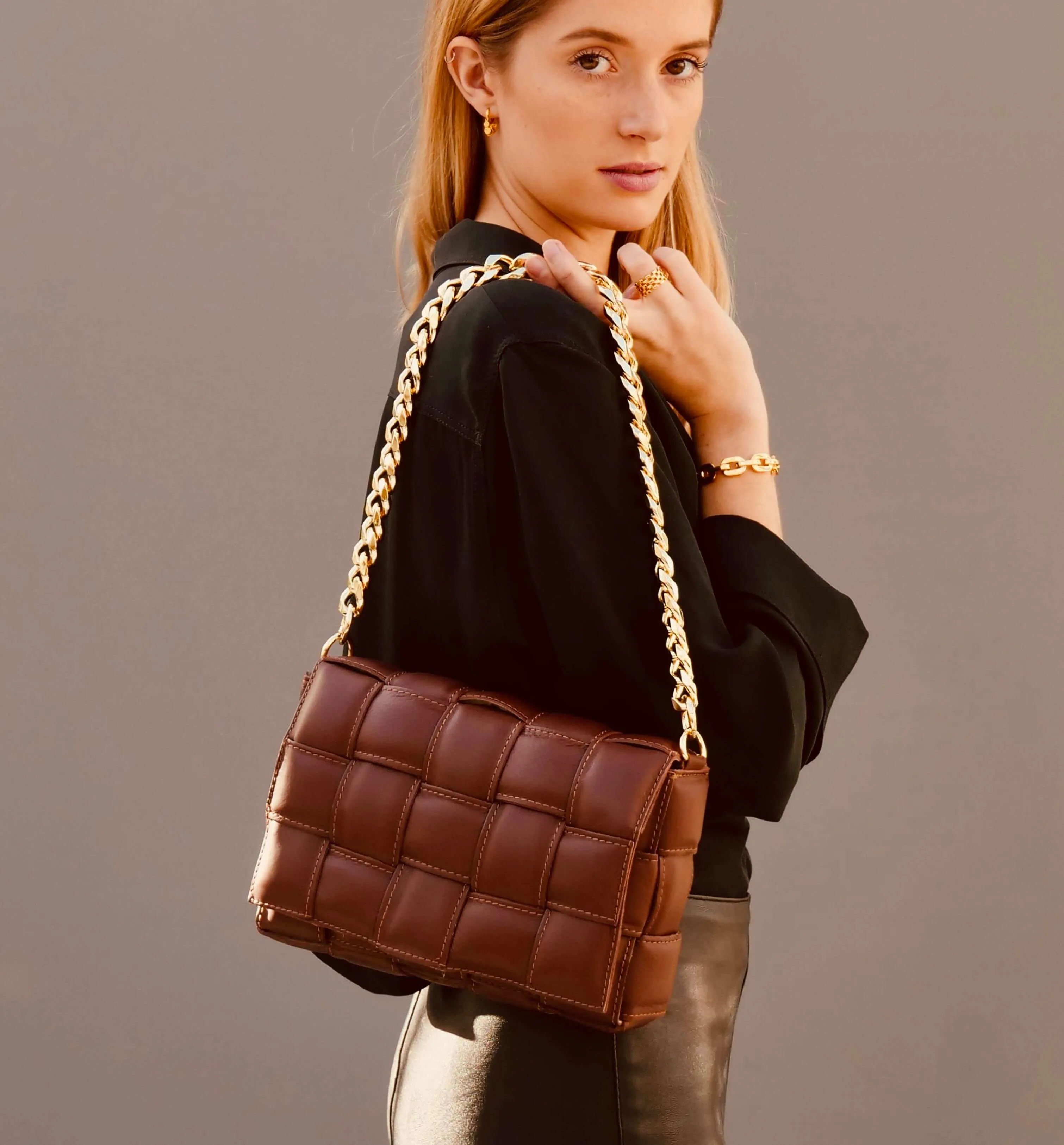 Burgundy Padded Woven Leather Crossbody Bag