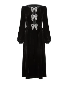 Camille Velvet Embellished Bows Dress in Black