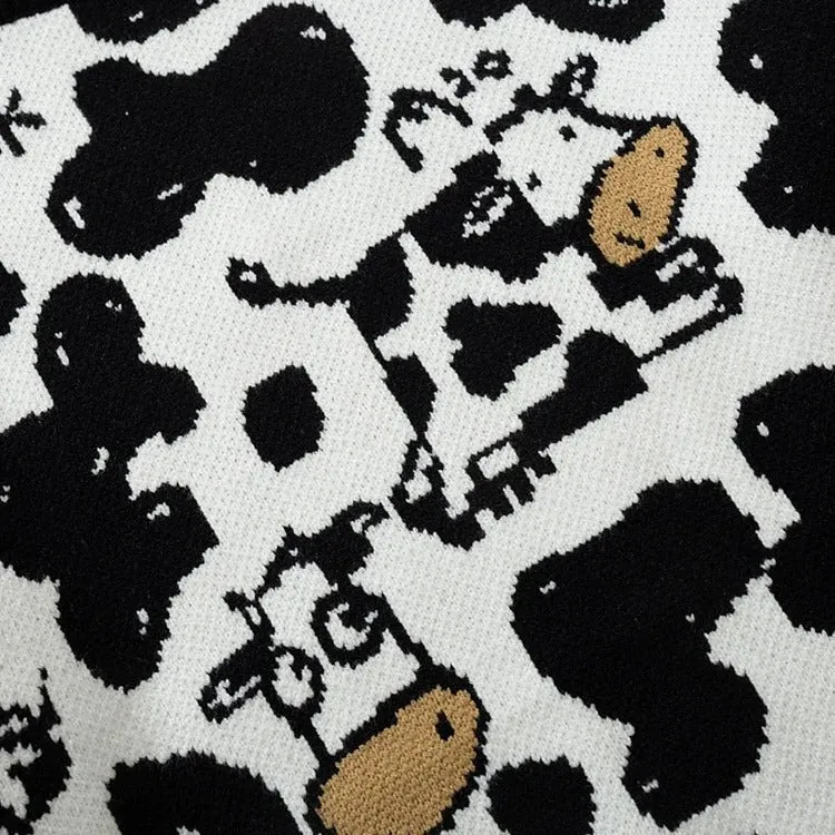 Cartoon Cow Splash Print Pullover Knit Sweater