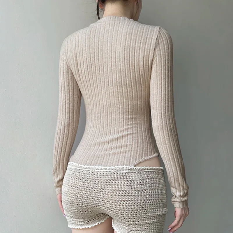 Casual Skinny Solid Autumn Bodysui Female Buttons Streetwear Fashion Knitted Body One Piece Long Sleeve Rompers 2025