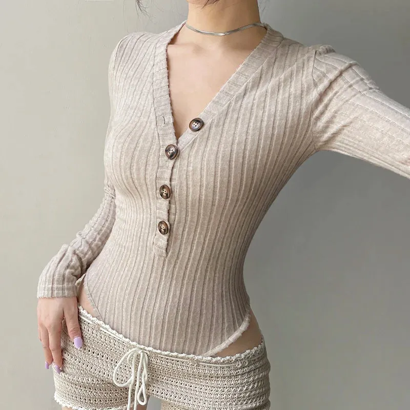 Casual Skinny Solid Autumn Bodysui Female Buttons Streetwear Fashion Knitted Body One Piece Long Sleeve Rompers 2025