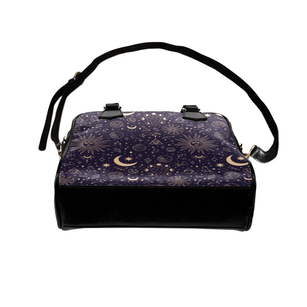 Celestial Stars Purse, Constellation Space Black Purple Sun Moon Cute Small Shoulder Zip Bag High Grade PU Leather Women Designer Handbag