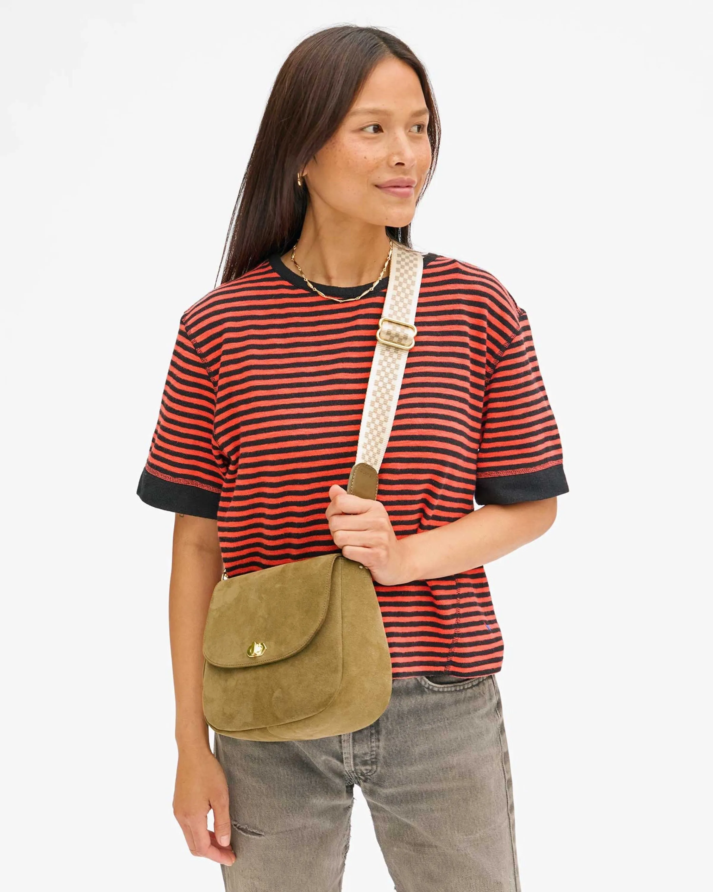 Cream   Khaki Checker Crossbody Strap