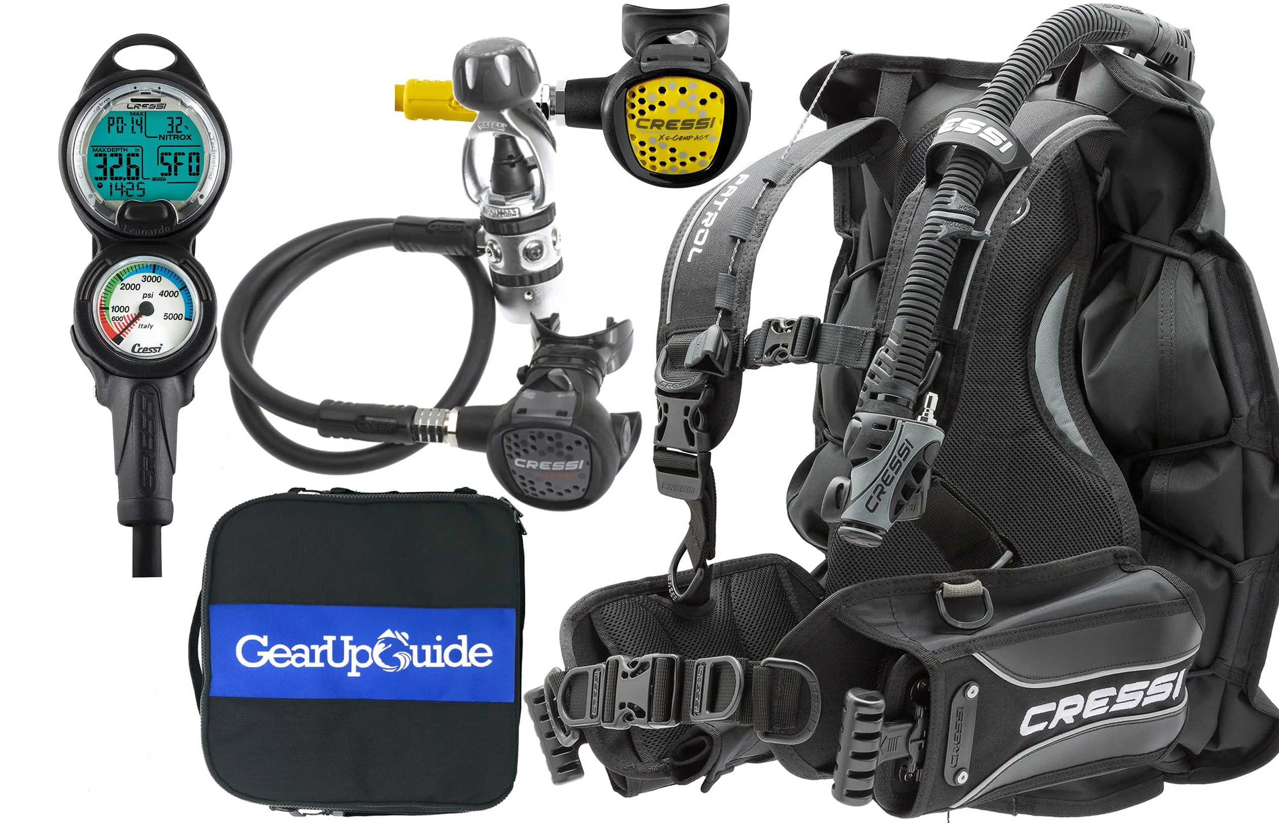 Cressi Patrol BCD Scuba Diving Gear w/ AC2 Compact Regulator, Compact Octo, Donatello Console 2 & GupG Regulator Bag