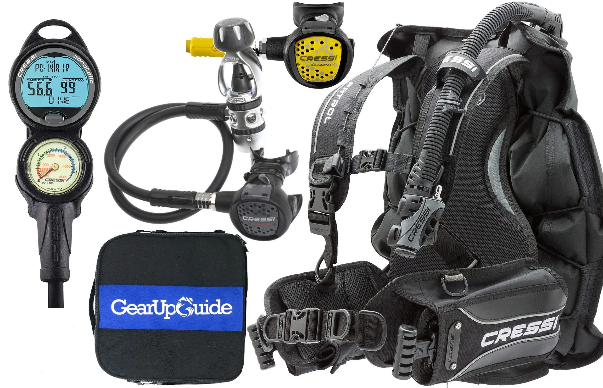 Cressi Patrol BCD Scuba Diving Gear w/ AC2 Compact Regulator, Compact Octo, Donatello Console 2 & GupG Regulator Bag