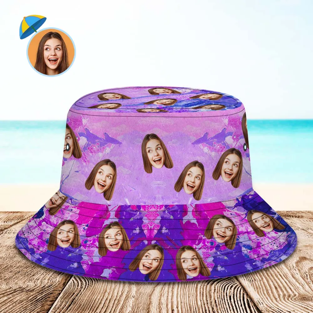 Custom Face Bucket Hat Personalised Photo Wide Brim Outdoor Unisex Summer Hats Purple Oil Painting Style