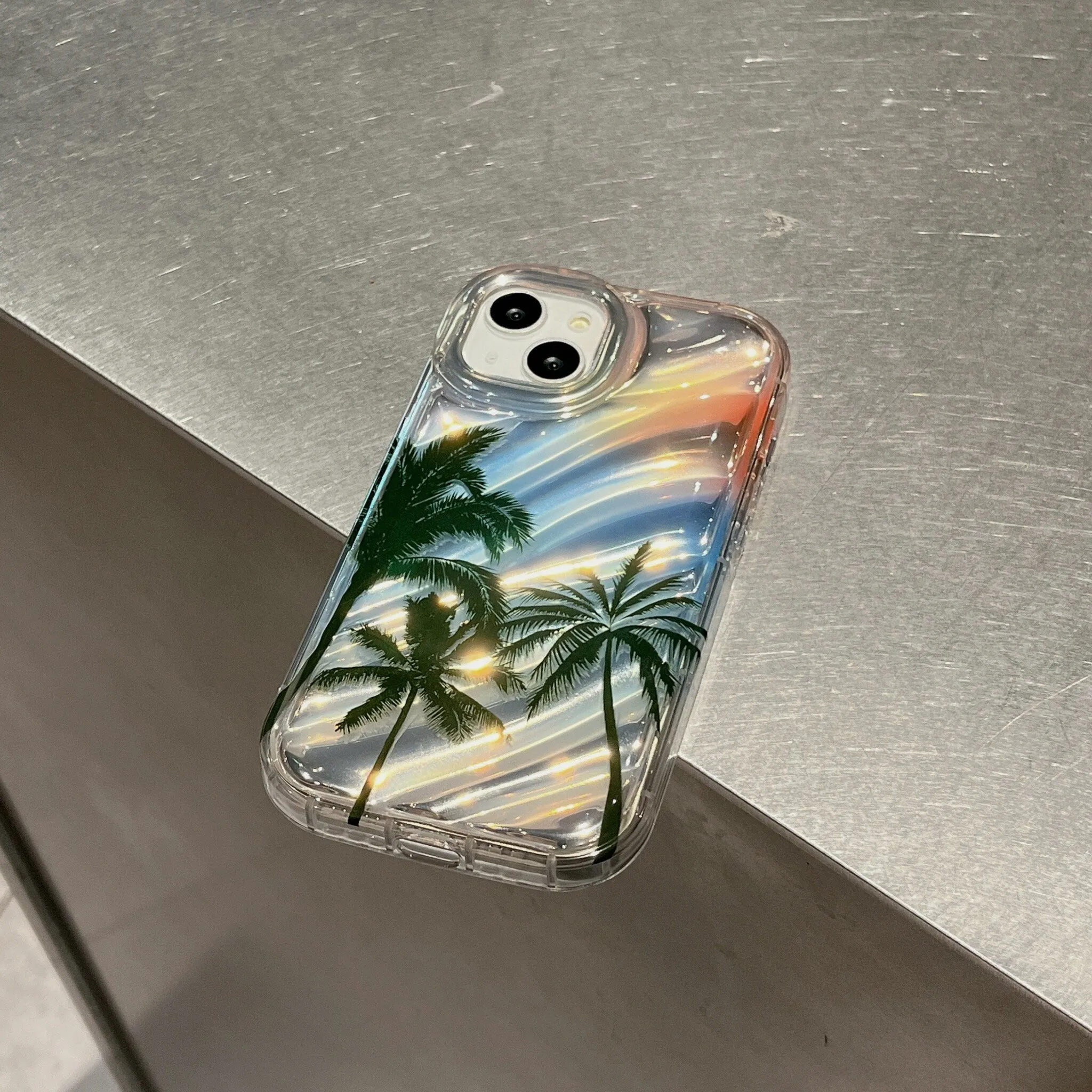 Cute Gradient Glossy 3D Waves Tropical Island Palm Trees Design Protective Shockproof Phone Case for iPhone 11 12 13 14 15 Pro Max Case