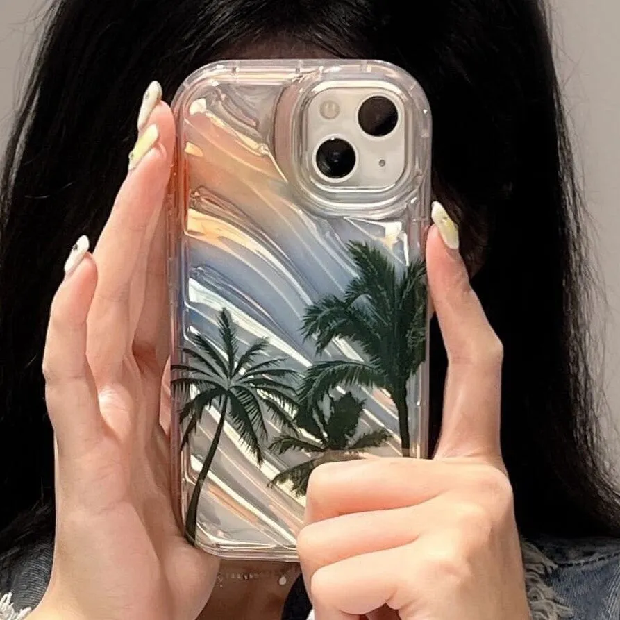 Cute Gradient Glossy 3D Waves Tropical Island Palm Trees Design Protective Shockproof Phone Case for iPhone 11 12 13 14 15 Pro Max Case