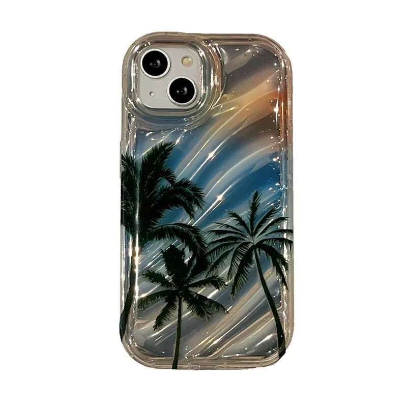 Cute Gradient Glossy 3D Waves Tropical Island Palm Trees Design Protective Shockproof Phone Case for iPhone 11 12 13 14 15 Pro Max Case