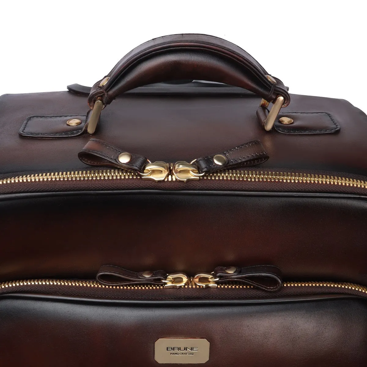 Dark Brown Leather Diamond Stitched Quad Wheel Trolley Bag With Embossed Lion Logo by Brune & Bareskin