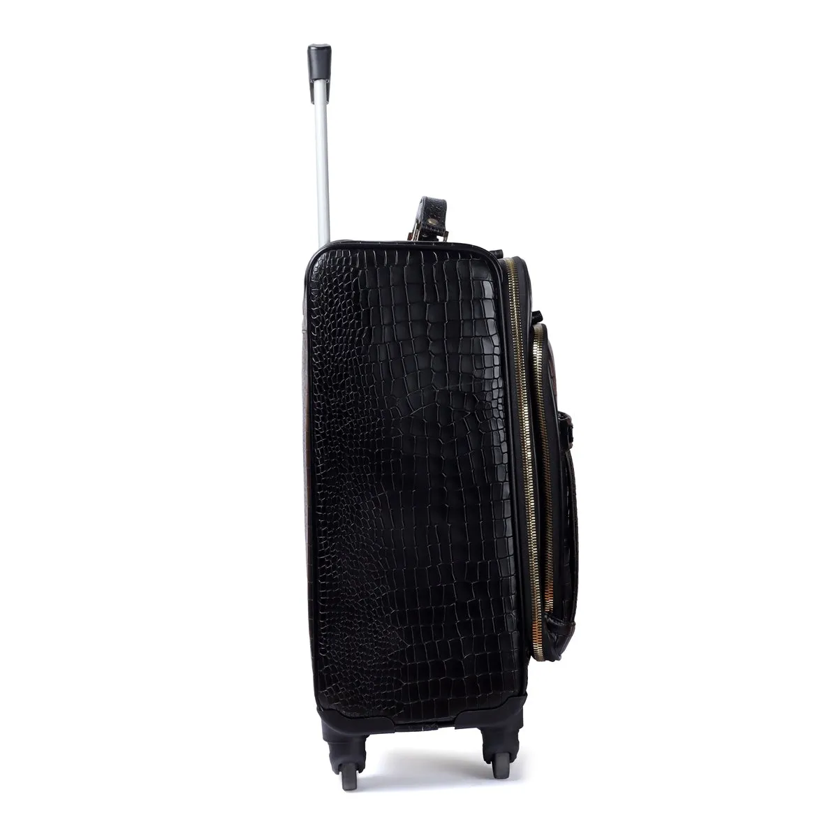 Deep Cut Croco Print Black Quad Wheel Cabin Luggage Leather Strolley Travel Bag