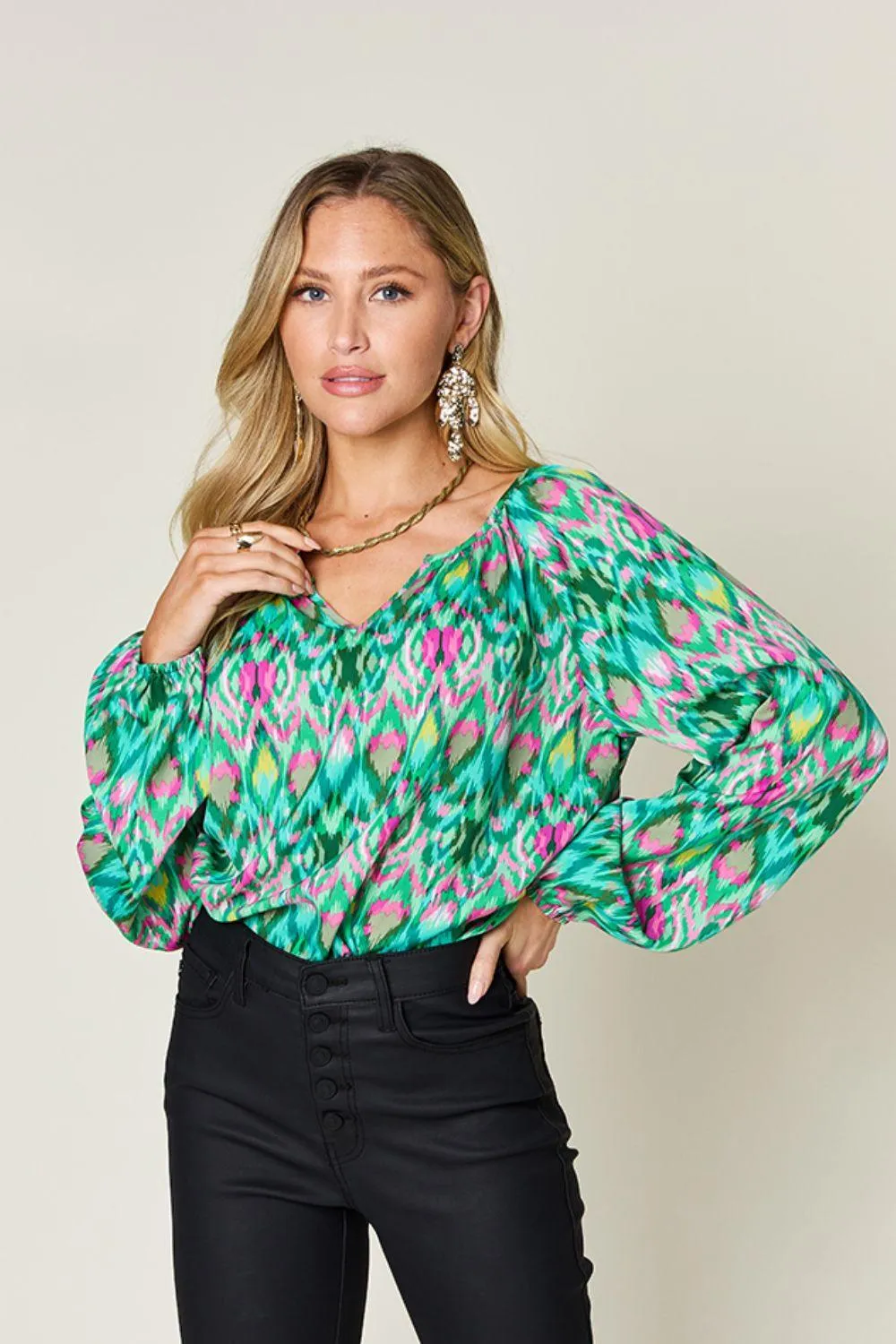 Double Take Full Size Printed Balloon Sleeve Blouse