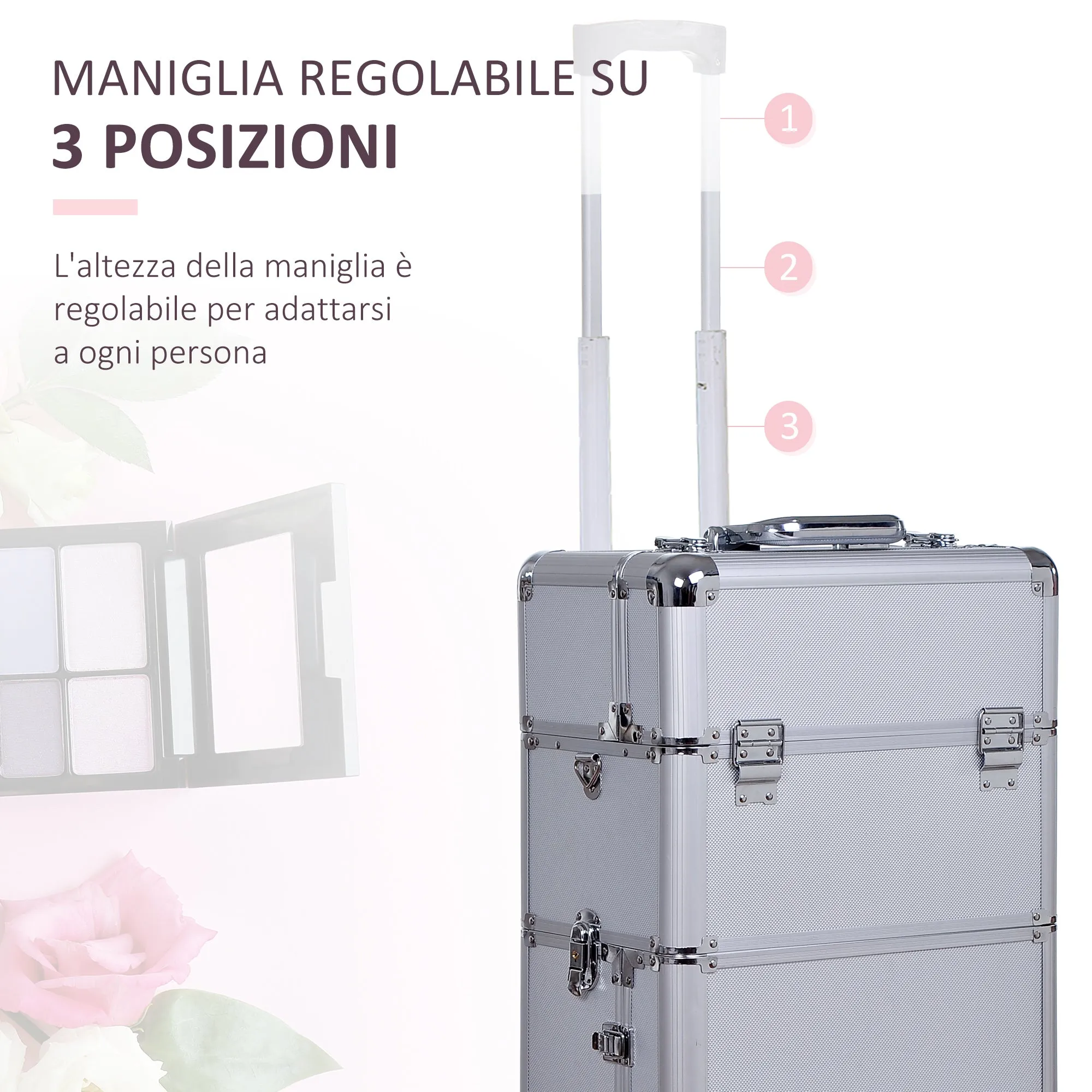 Easycomfort Valigetta Beauty Case 2 in 1 con Maniglia Regolabile su 3 Livelli e Ruote, Trucco Professionale Trolley per Make Up in Alluminio, 35.5x23x105 cm, Argento