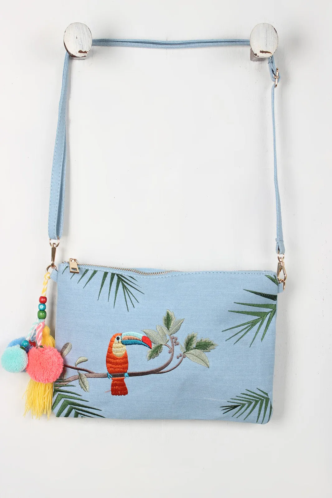 Embroidered Toucan Bird Denim Bag