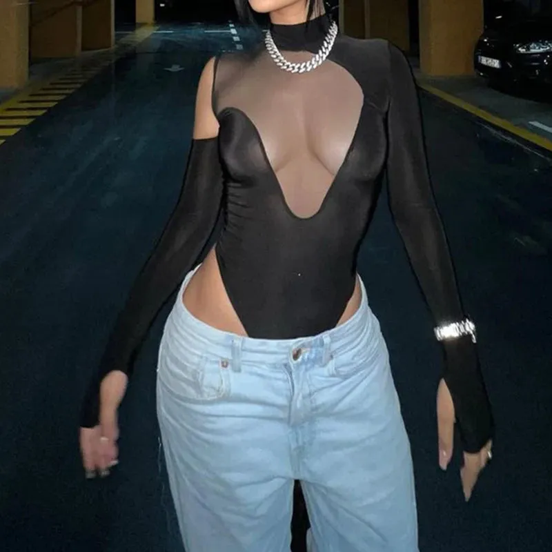 Fashion Party Sexy Bodysuit Black Skinny Mesh Patchwork Transparent One Piece Bodies Catsuit Club Turtleneck Rompers