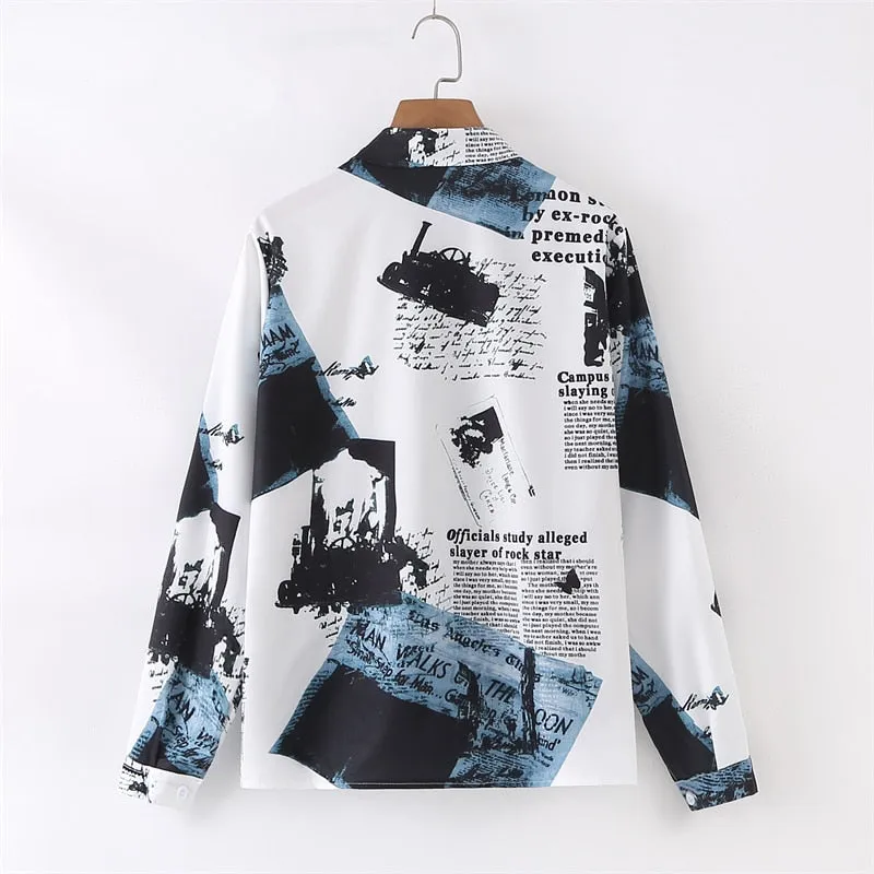 Fashion Print Women Chiffon Shirts Autumn  Letter Loose Button Up Long Sleeve Female White Shirts Fall Students Tops