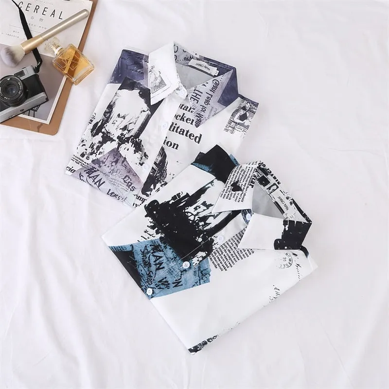 Fashion Print Women Chiffon Shirts Autumn  Letter Loose Button Up Long Sleeve Female White Shirts Fall Students Tops