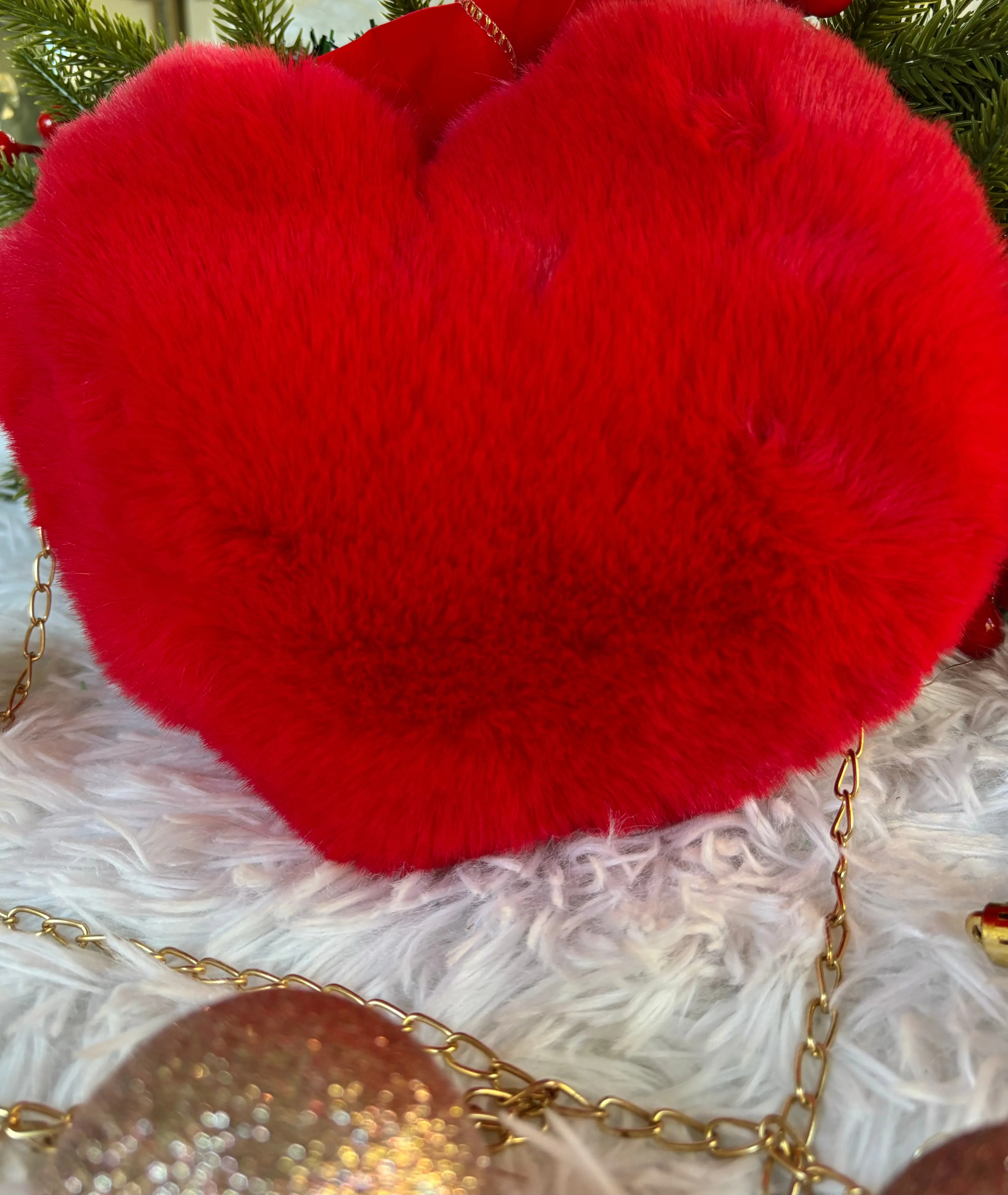 Faux Fur Heart Purse-Red