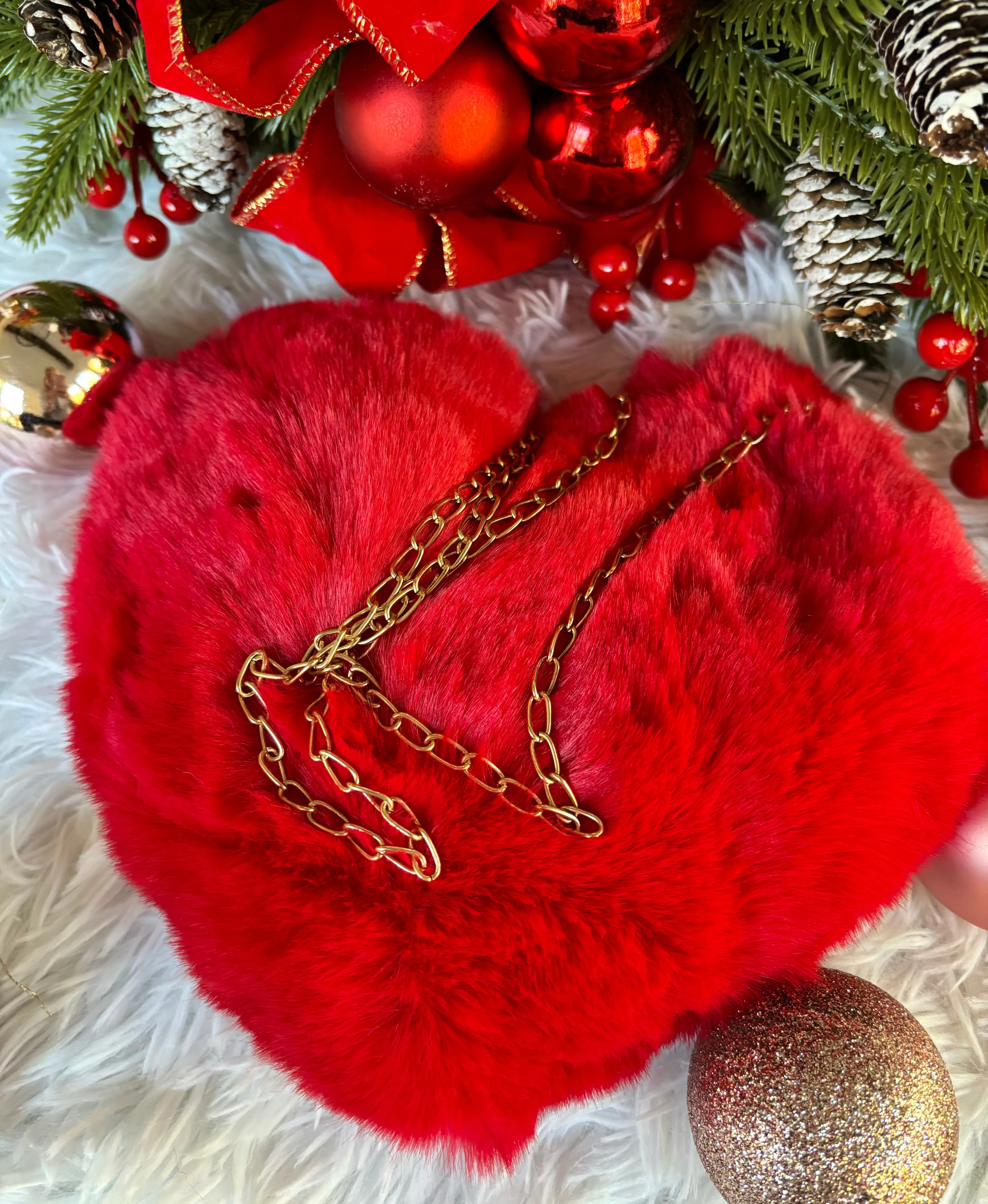 Faux Fur Heart Purse-Red