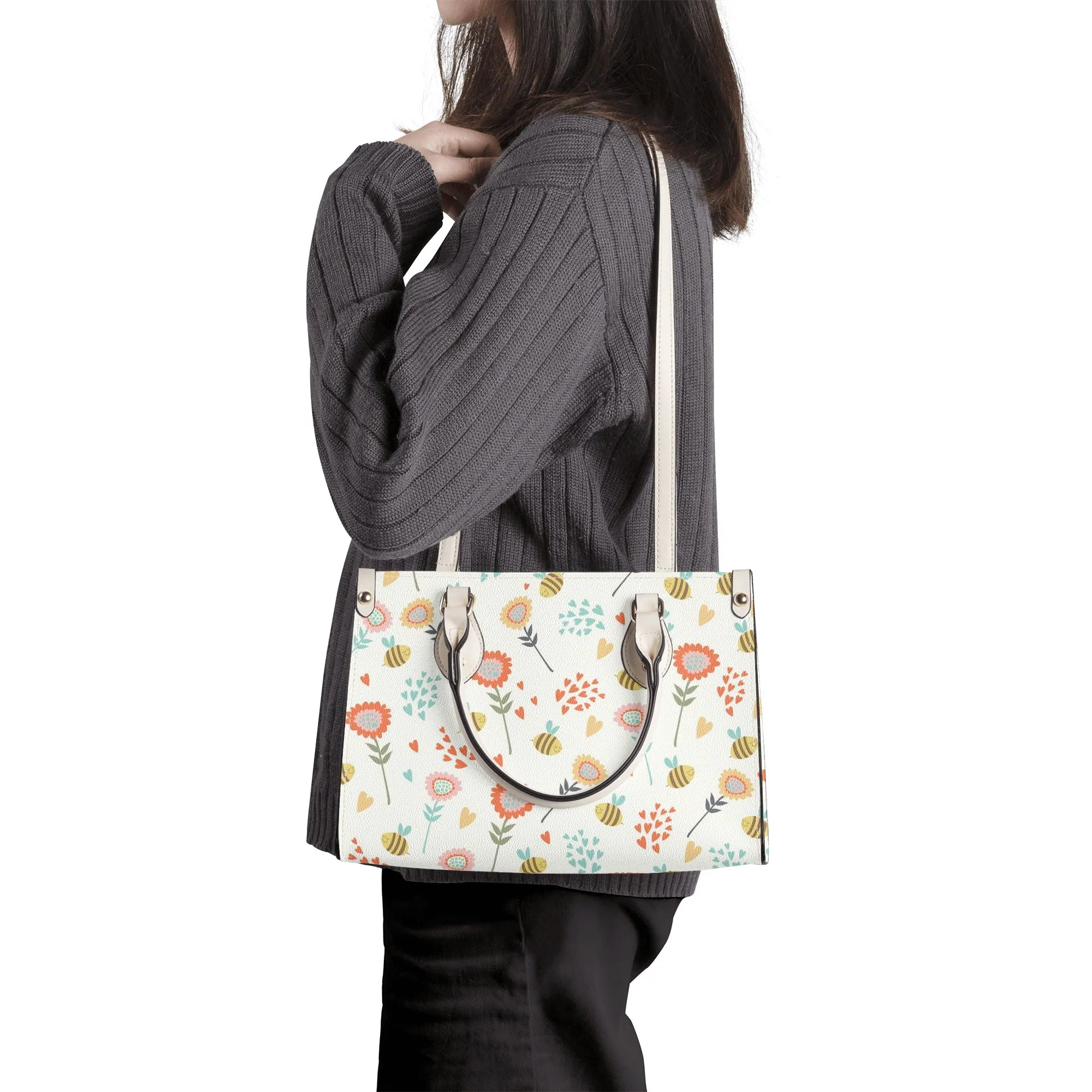 Floral Bee Shoulder Purse, Flowers White Vegan Leather Top Handle Handbag Print Small Bag Women Ladies Designer Spring