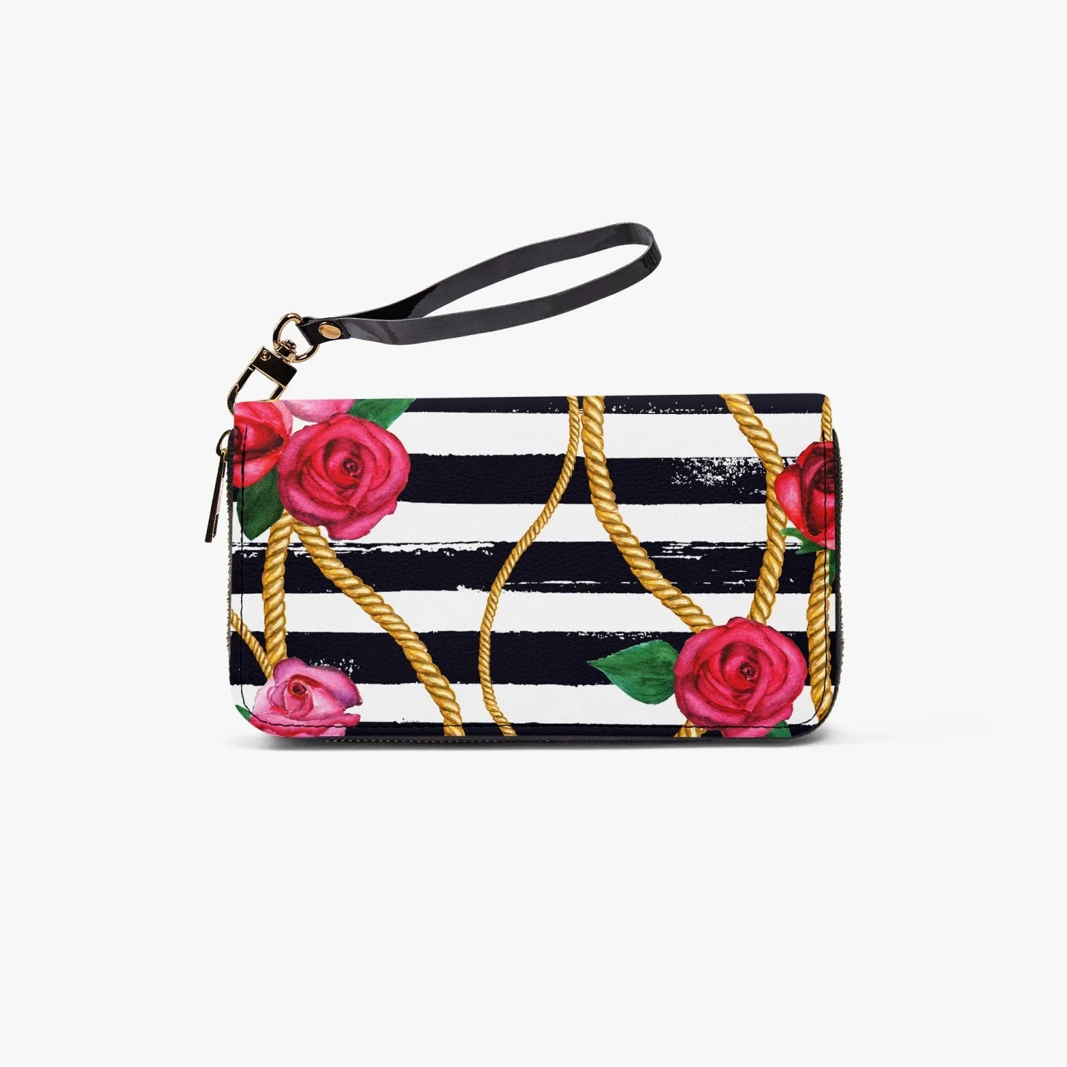 Floral Charm Leather Strap Zipper Wallet