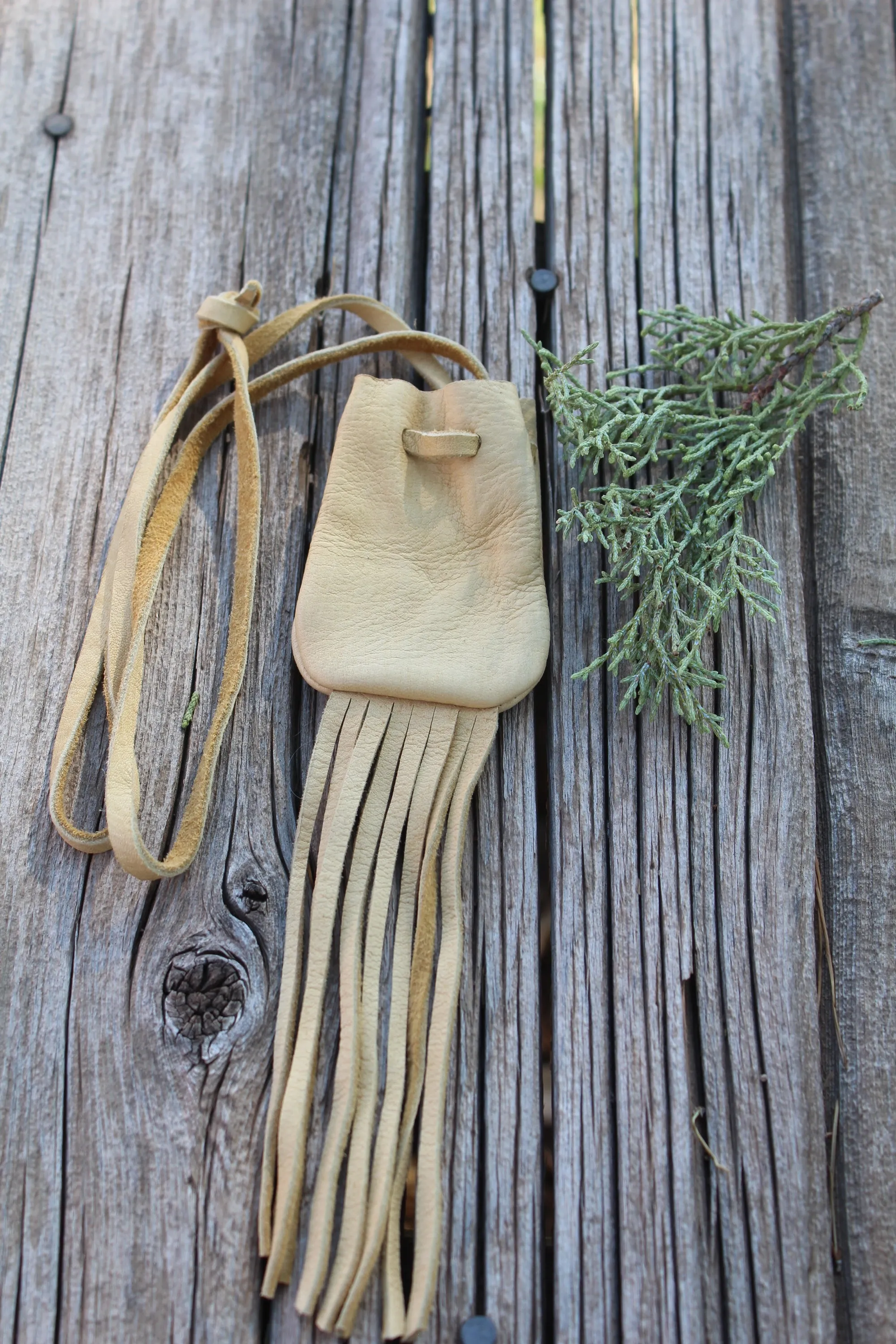 fringed buckskin medicine bag, buckskin neck bag