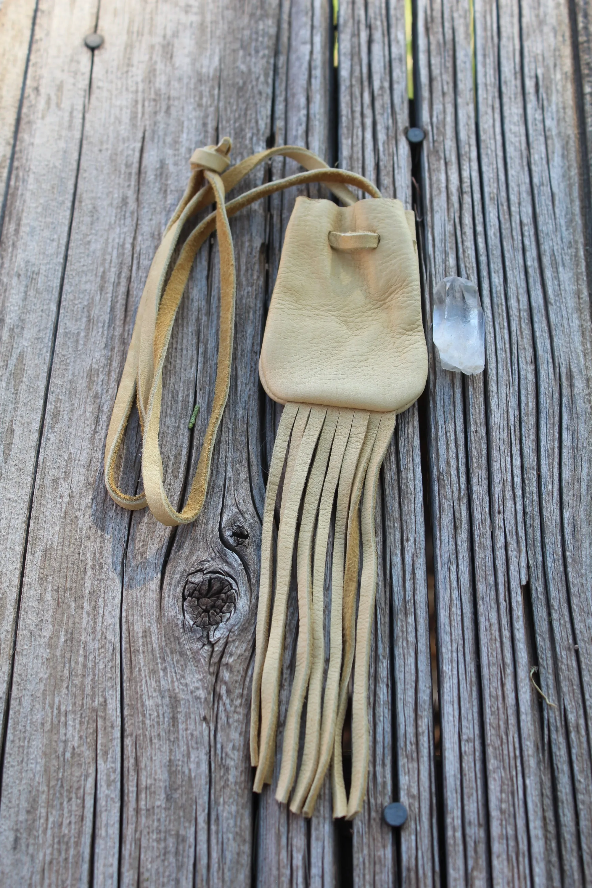 fringed buckskin medicine bag, buckskin neck bag