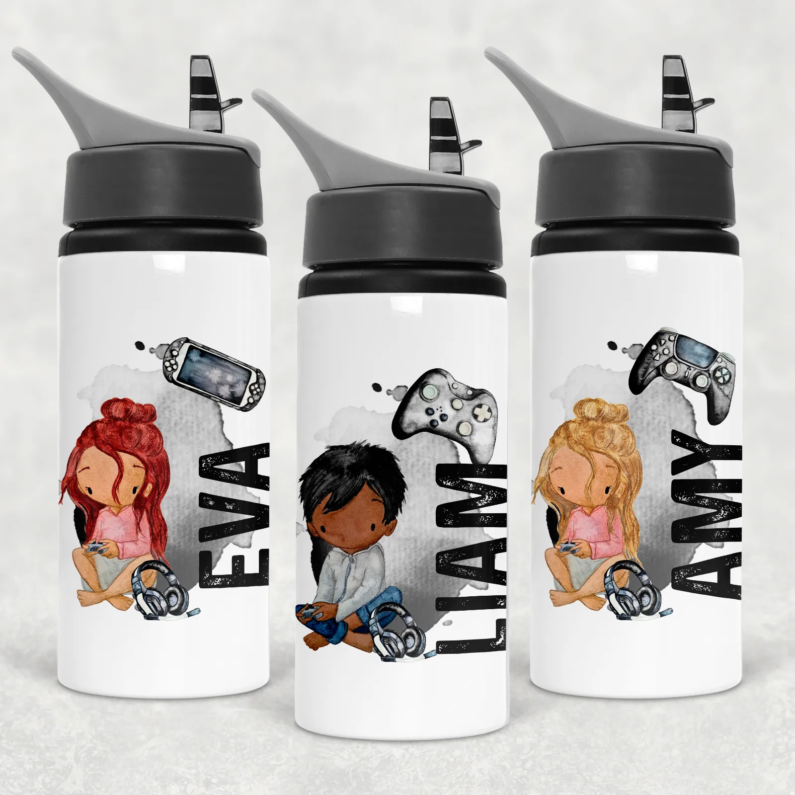 Gamer Character Personalised Aluminium Straw Water Bottle 650ml