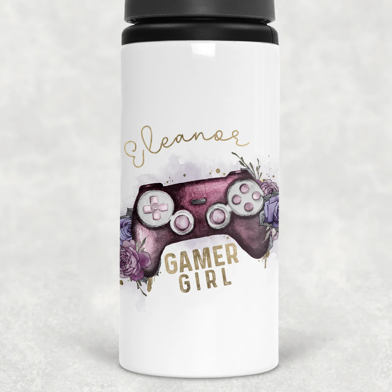 Gamer Girl Floral Personalised Aluminium Straw Water Bottle 650ml